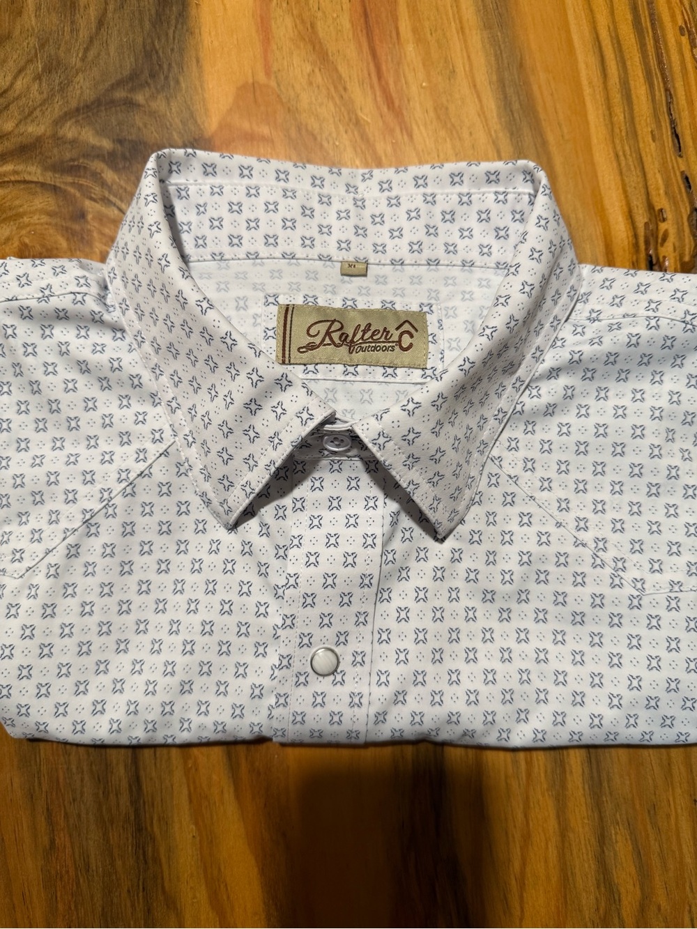 Men’s Pearl Snap Western Shirt, White and Gray Geo Print, Short Sleeves - Picture 8 of 8